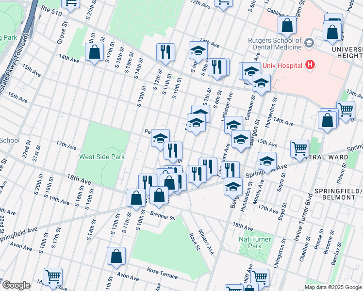map of restaurants, bars, coffee shops, grocery stores, and more near 127 16th Avenue in Newark