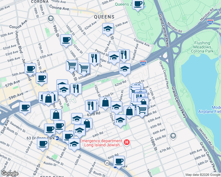 map of restaurants, bars, coffee shops, grocery stores, and more near 102-50 62nd Road in Queens