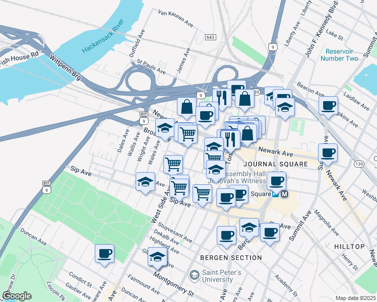 map of restaurants, bars, coffee shops, grocery stores, and more near 1062 West Side Avenue in Jersey City