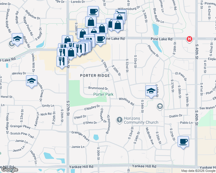 map of restaurants, bars, coffee shops, grocery stores, and more near 7524 Brummond Drive in Lincoln