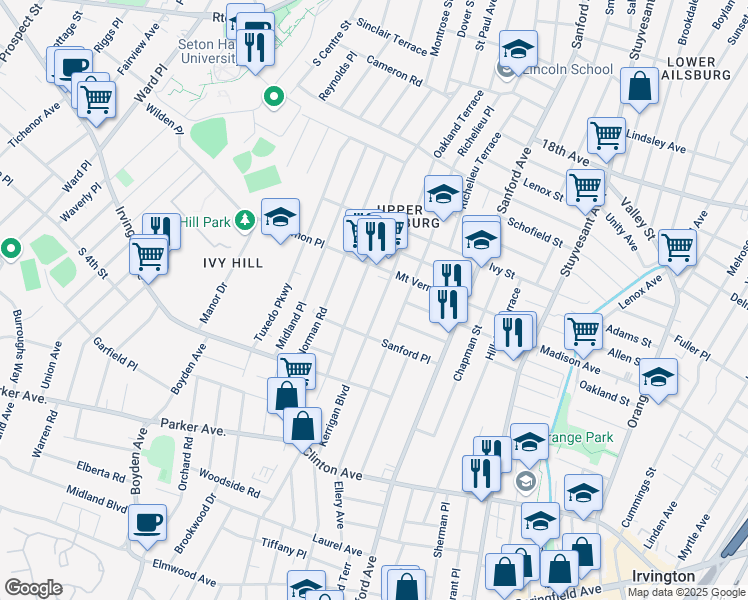 map of restaurants, bars, coffee shops, grocery stores, and more near 311 Kerrigan Boulevard in Newark