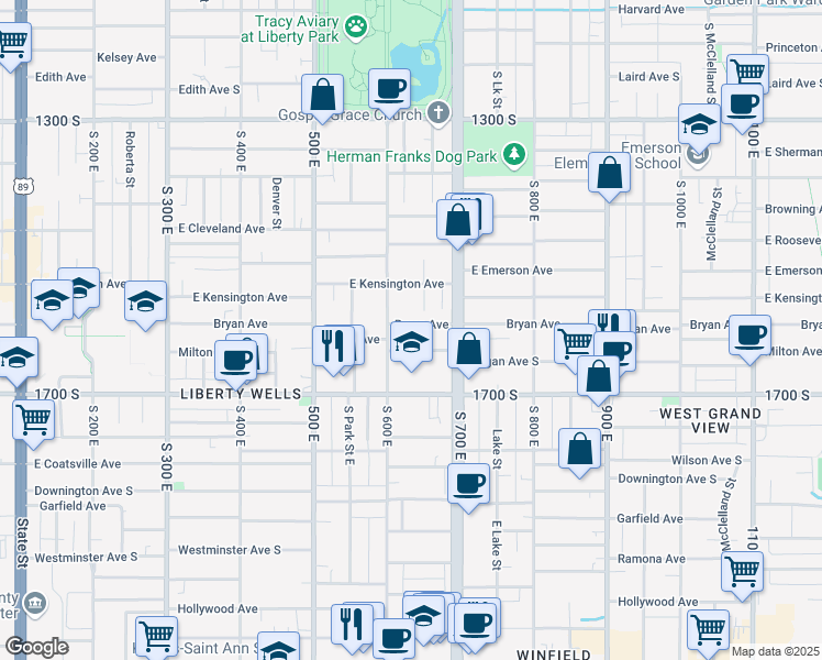 map of restaurants, bars, coffee shops, grocery stores, and more near 628 Bryan Avenue South in Salt Lake City