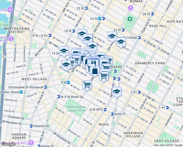map of restaurants, bars, coffee shops, grocery stores, and more near 2 West 13th Street in New York