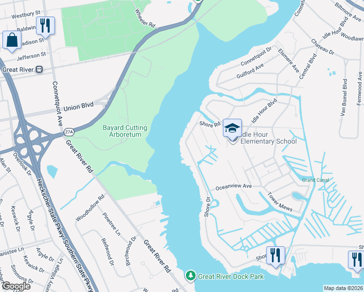 map of restaurants, bars, coffee shops, grocery stores, and more near 172 Shore Drive in Oakdale