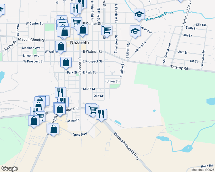 map of restaurants, bars, coffee shops, grocery stores, and more near 357 South New Street in Nazareth