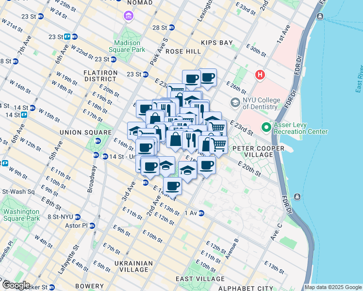 map of restaurants, bars, coffee shops, grocery stores, and more near 345 2nd Avenue in New York