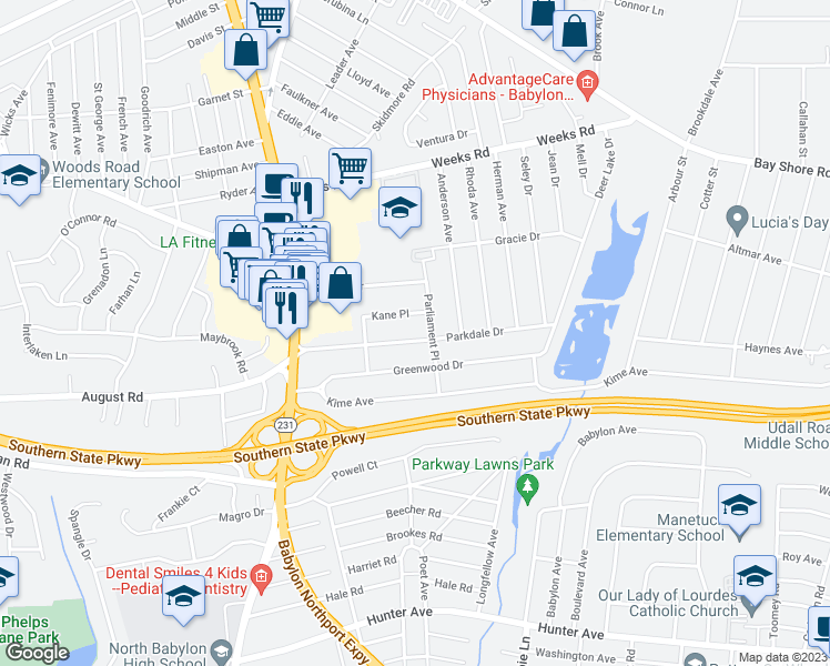 map of restaurants, bars, coffee shops, grocery stores, and more near 73 Parkdale Drive in North Babylon