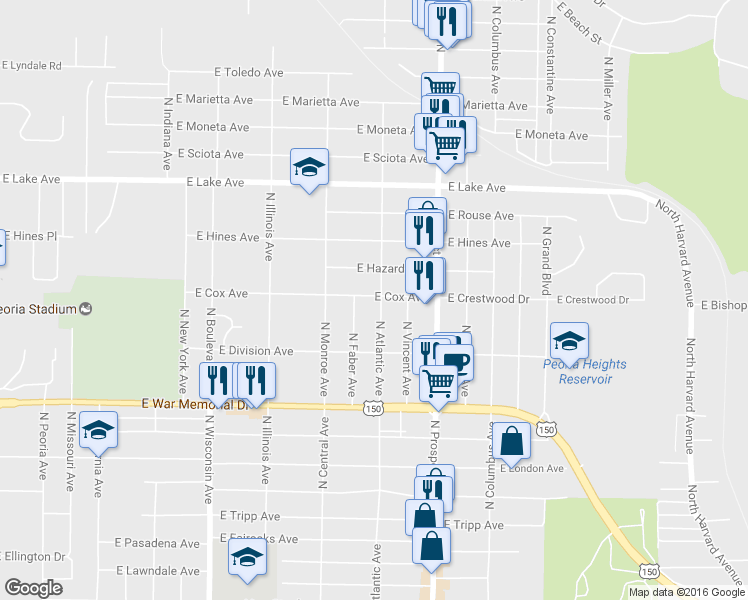 map of restaurants, bars, coffee shops, grocery stores, and more near 3923 North Atlantic Avenue in Peoria Heights