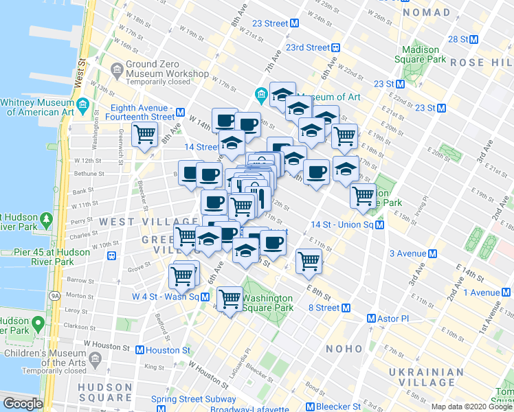 map of restaurants, bars, coffee shops, grocery stores, and more near 485 6th Avenue in New York
