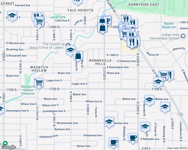 map of restaurants, bars, coffee shops, grocery stores, and more near 2036 Bryan Avenue South in Salt Lake City