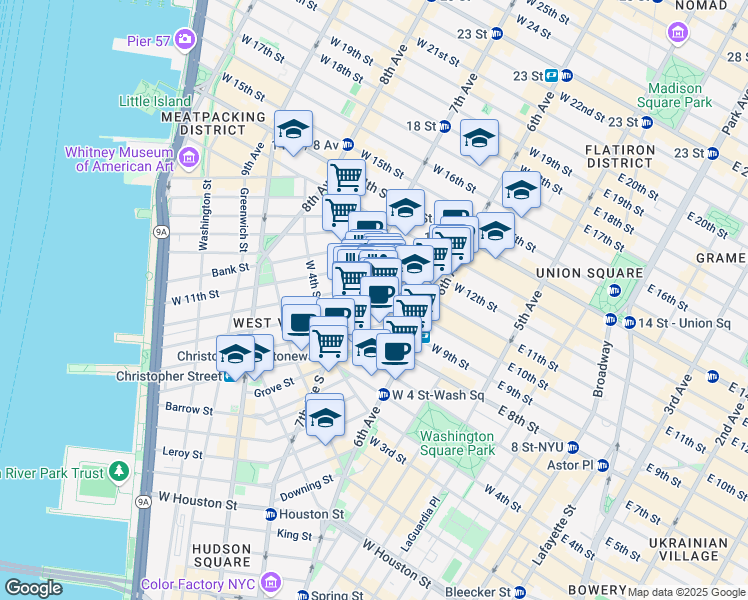 map of restaurants, bars, coffee shops, grocery stores, and more near 9 Charles Street in New York