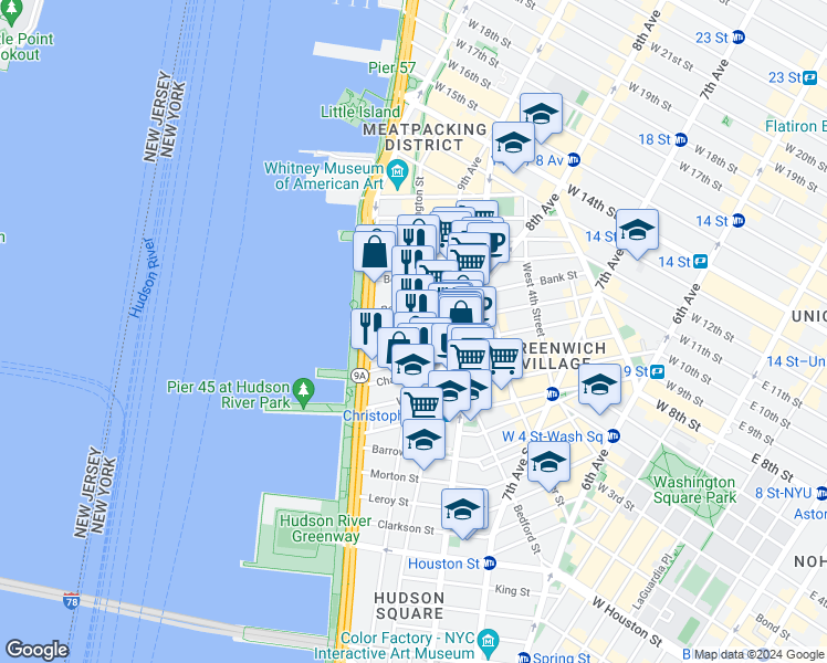 map of restaurants, bars, coffee shops, grocery stores, and more near 344 West 11th Street in New York