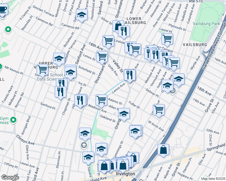 map of restaurants, bars, coffee shops, grocery stores, and more near 45 Lenox Avenue in Irvington