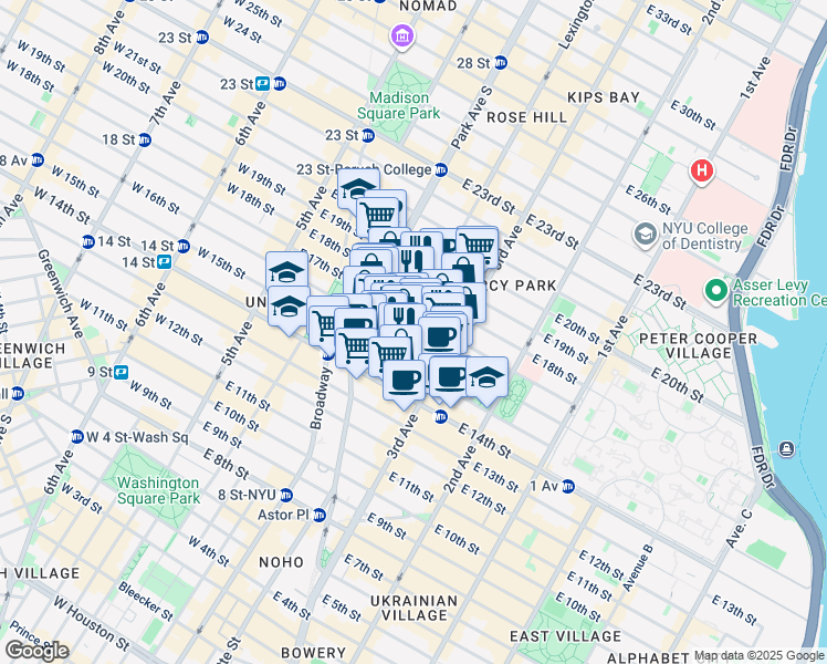 map of restaurants, bars, coffee shops, grocery stores, and more near 125 East 16th Street in New York