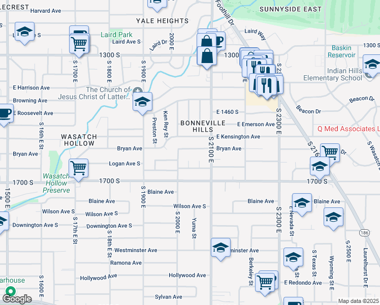 map of restaurants, bars, coffee shops, grocery stores, and more near 2036 Bryan Avenue South in Salt Lake City