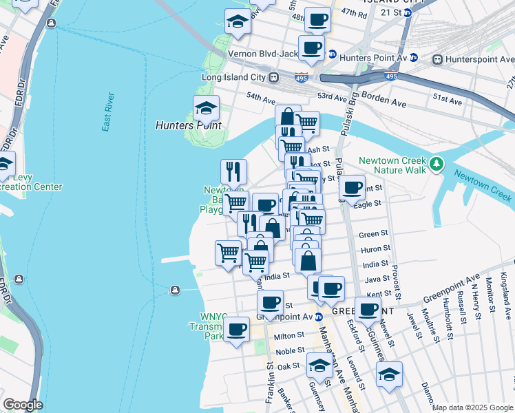 map of restaurants, bars, coffee shops, grocery stores, and more near 54 Dupont Street in Brooklyn