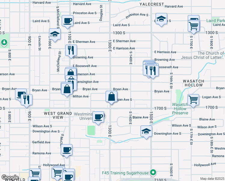 map of restaurants, bars, coffee shops, grocery stores, and more near 1567 South 1300 East in Salt Lake City