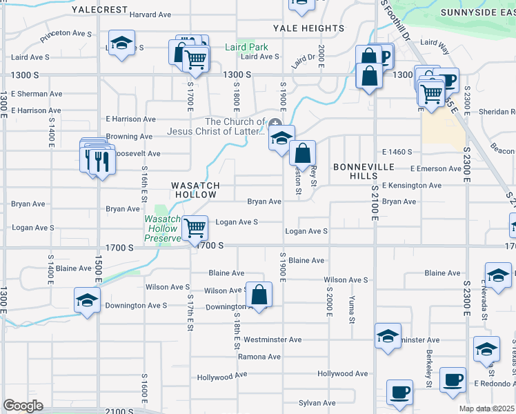 map of restaurants, bars, coffee shops, grocery stores, and more near 1830 Bryan Avenue South in Salt Lake City