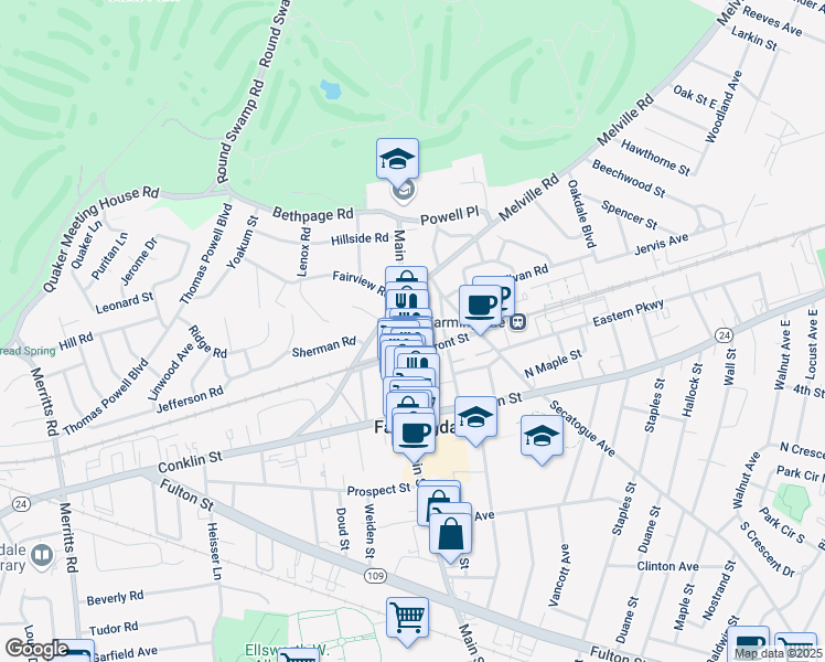 map of restaurants, bars, coffee shops, grocery stores, and more near 145 Main Street in Farmingdale