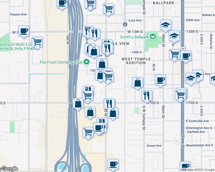 map of restaurants, bars, coffee shops, grocery stores, and more near 1563 South 300 West in Salt Lake City
