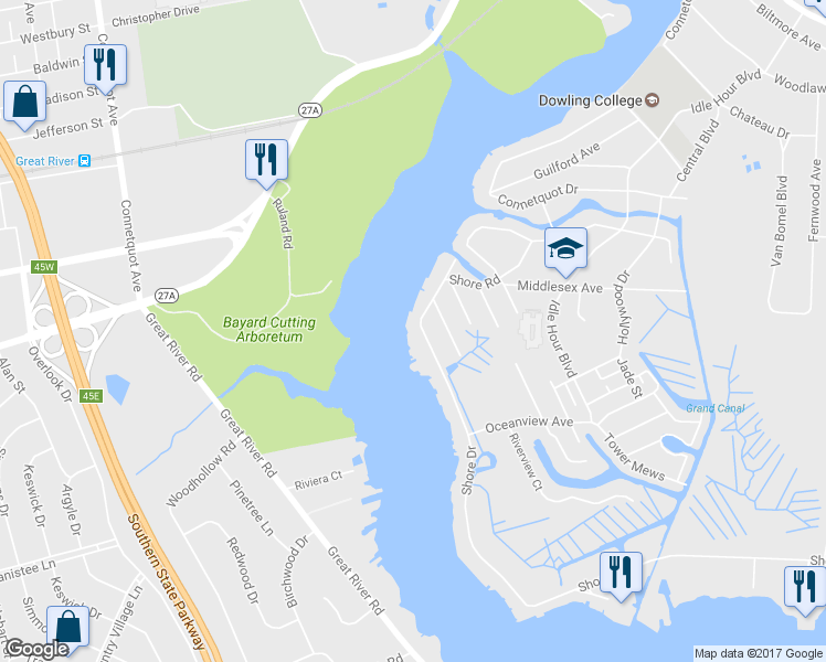 map of restaurants, bars, coffee shops, grocery stores, and more near 172 Shore Drive in Oakdale