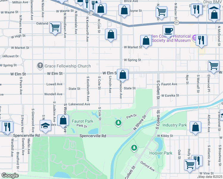 map of restaurants, bars, coffee shops, grocery stores, and more near 951 State Street in Lima