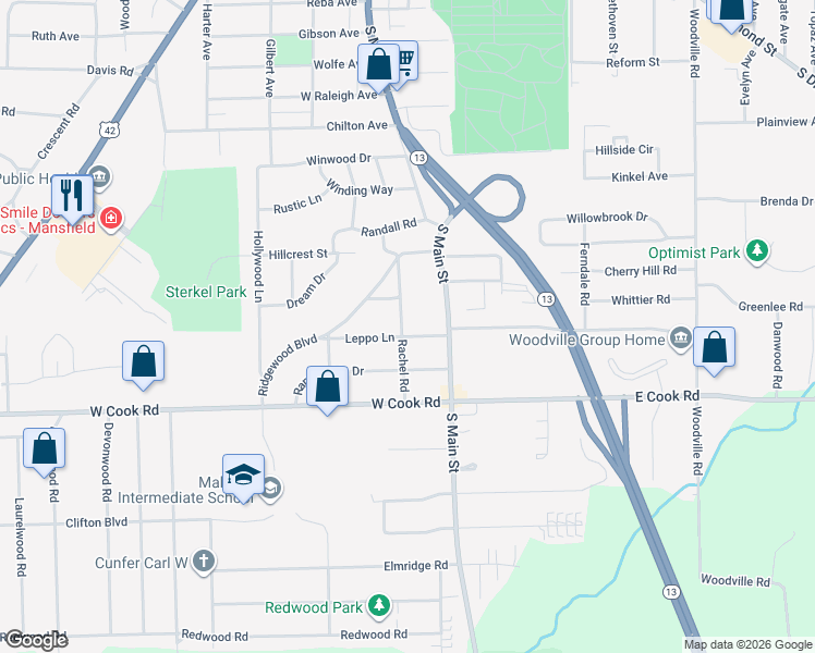 map of restaurants, bars, coffee shops, grocery stores, and more near 44 Leppo Ln in Mansfield