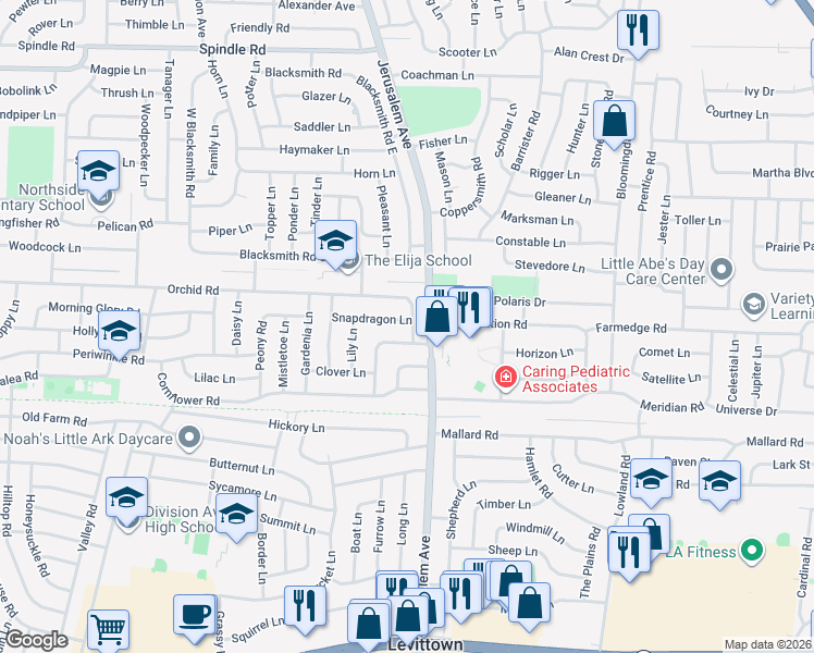 map of restaurants, bars, coffee shops, grocery stores, and more near 42 Snapdragon Lane in Levittown