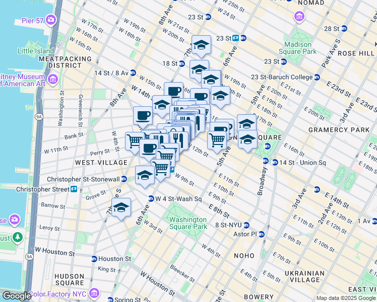 map of restaurants, bars, coffee shops, grocery stores, and more near 66 West 12th Street in New York