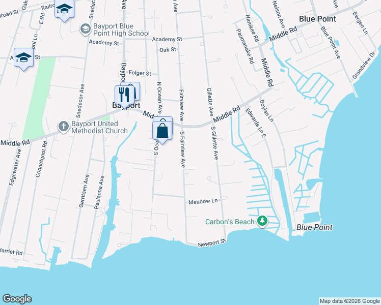map of restaurants, bars, coffee shops, grocery stores, and more near 53 S Fairview Ave in Bayport