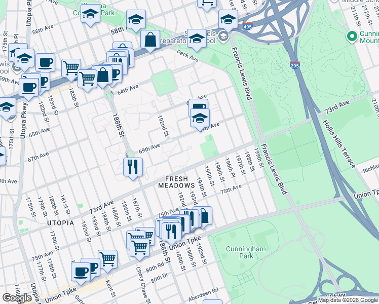map of restaurants, bars, coffee shops, grocery stores, and more near 192-50A 71 Circle in Queens