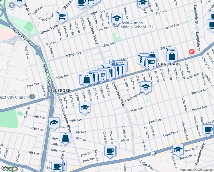 map of restaurants, bars, coffee shops, grocery stores, and more near 84-02 253rd Street in Queens