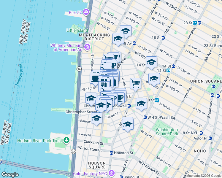 map of restaurants, bars, coffee shops, grocery stores, and more near 100 Perry Street in New York