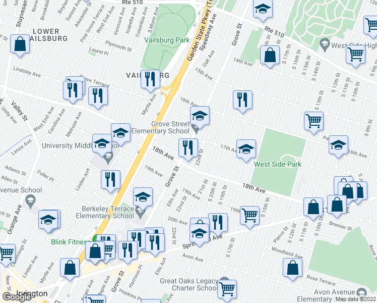 map of restaurants, bars, coffee shops, grocery stores, and more near 648 Grove Street in Irvington