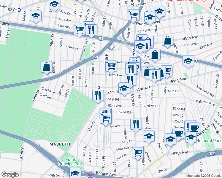 map of restaurants, bars, coffee shops, grocery stores, and more near 66-01 Maurice Avenue in Queens