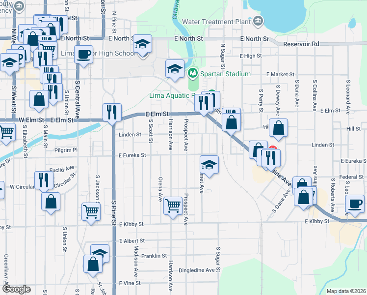 map of restaurants, bars, coffee shops, grocery stores, and more near 428 Prospect Avenue in Lima