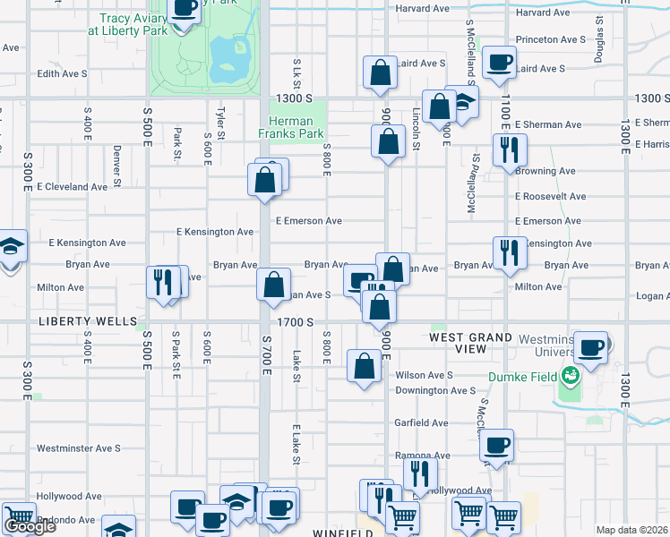 map of restaurants, bars, coffee shops, grocery stores, and more near 810 Bryan Avenue in Salt Lake City