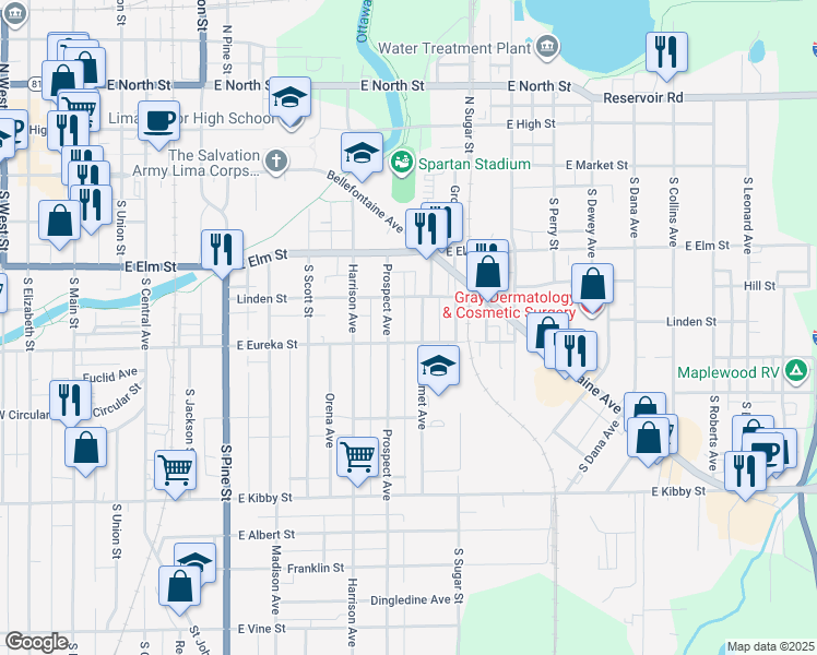 map of restaurants, bars, coffee shops, grocery stores, and more near 330 Calumet Avenue in Lima