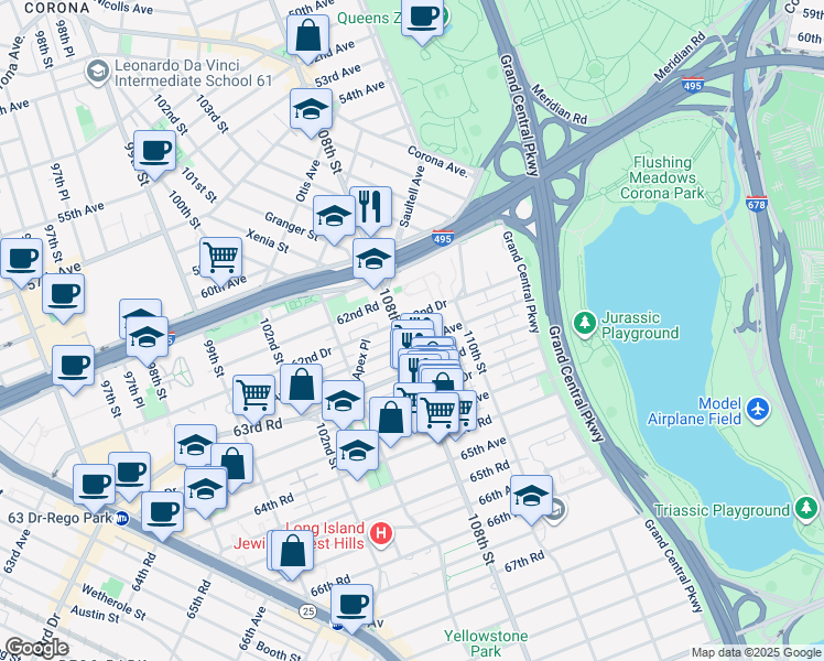 map of restaurants, bars, coffee shops, grocery stores, and more near 62-59 108th Street in Queens