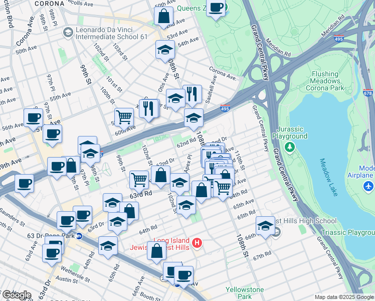map of restaurants, bars, coffee shops, grocery stores, and more near 105-25 62nd Drive in Queens