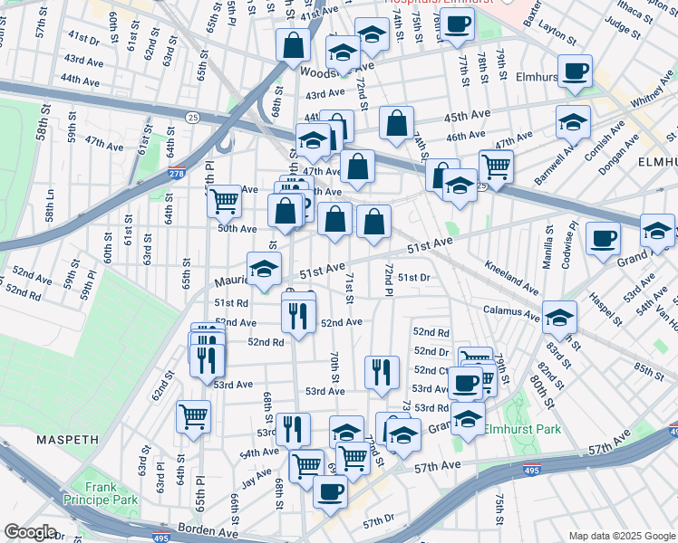 map of restaurants, bars, coffee shops, grocery stores, and more near 69-43 51st Avenue in Queens