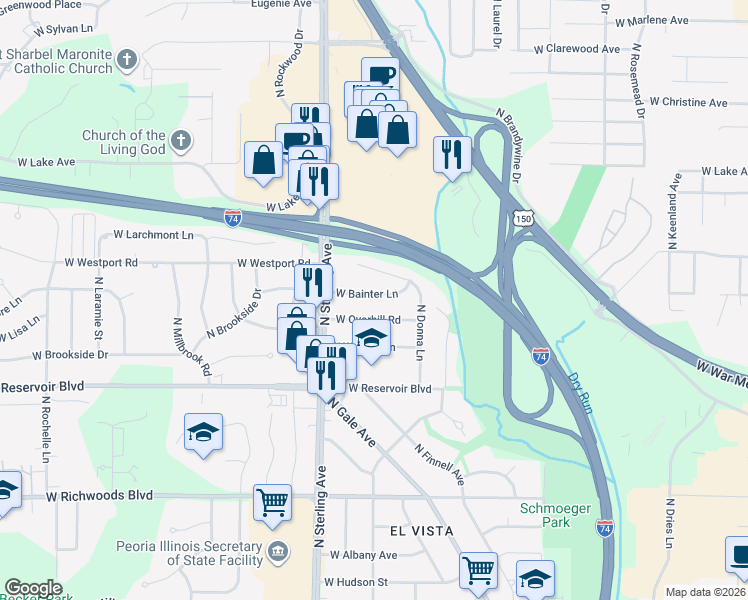 map of restaurants, bars, coffee shops, grocery stores, and more near 2312 West Bainter Lane in Peoria