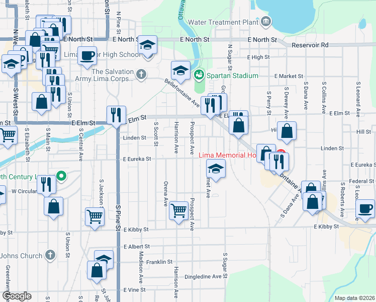 map of restaurants, bars, coffee shops, grocery stores, and more near 428 Prospect Avenue in Lima