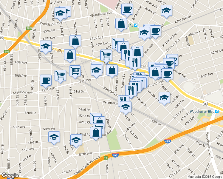 map of restaurants, bars, coffee shops, grocery stores, and more near 51-57 Hillyer Street in Queens
