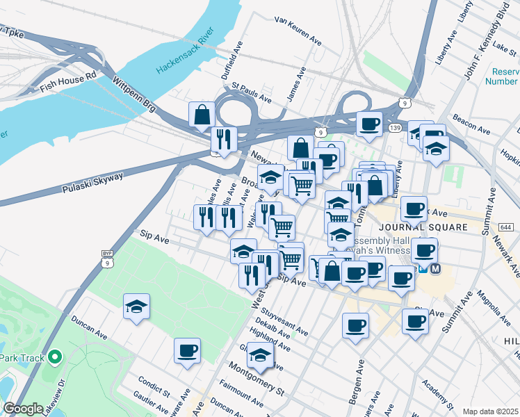 map of restaurants, bars, coffee shops, grocery stores, and more near 70 Wales Avenue in Jersey City