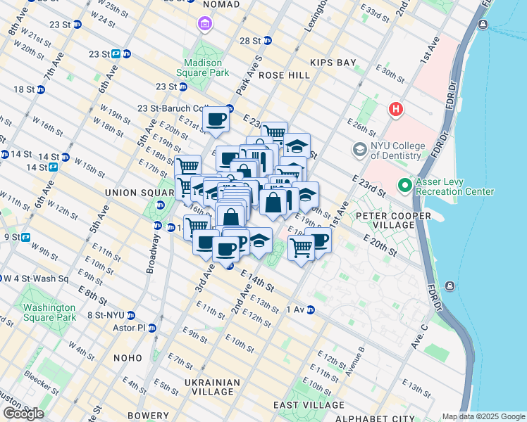 map of restaurants, bars, coffee shops, grocery stores, and more near 211 East 18th Street in New York