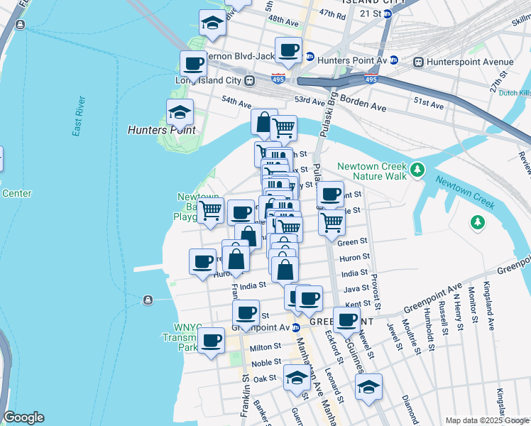 map of restaurants, bars, coffee shops, grocery stores, and more near 1103 Manhattan Avenue in Brooklyn