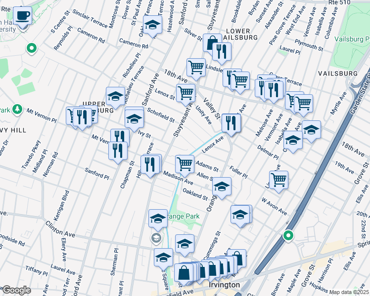 map of restaurants, bars, coffee shops, grocery stores, and more near 17 Crescent Court in Newark