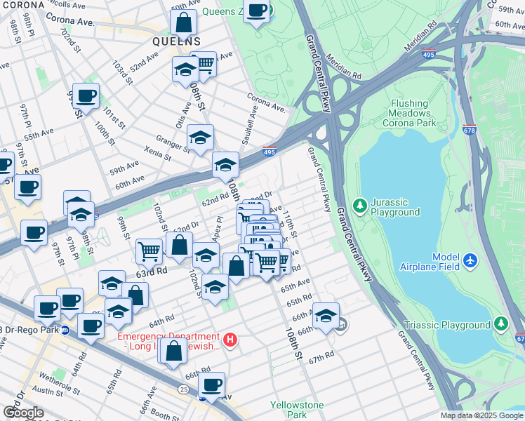 map of restaurants, bars, coffee shops, grocery stores, and more near 108-27 63rd Avenue in Queens