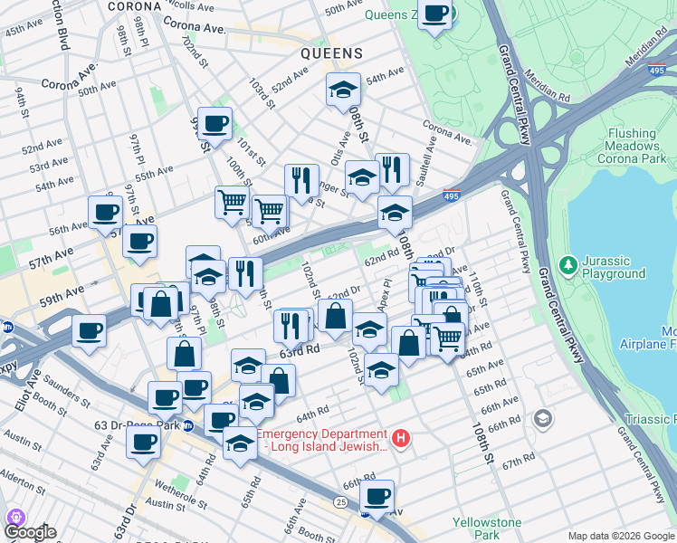 map of restaurants, bars, coffee shops, grocery stores, and more near 102-50 62nd Road in Queens